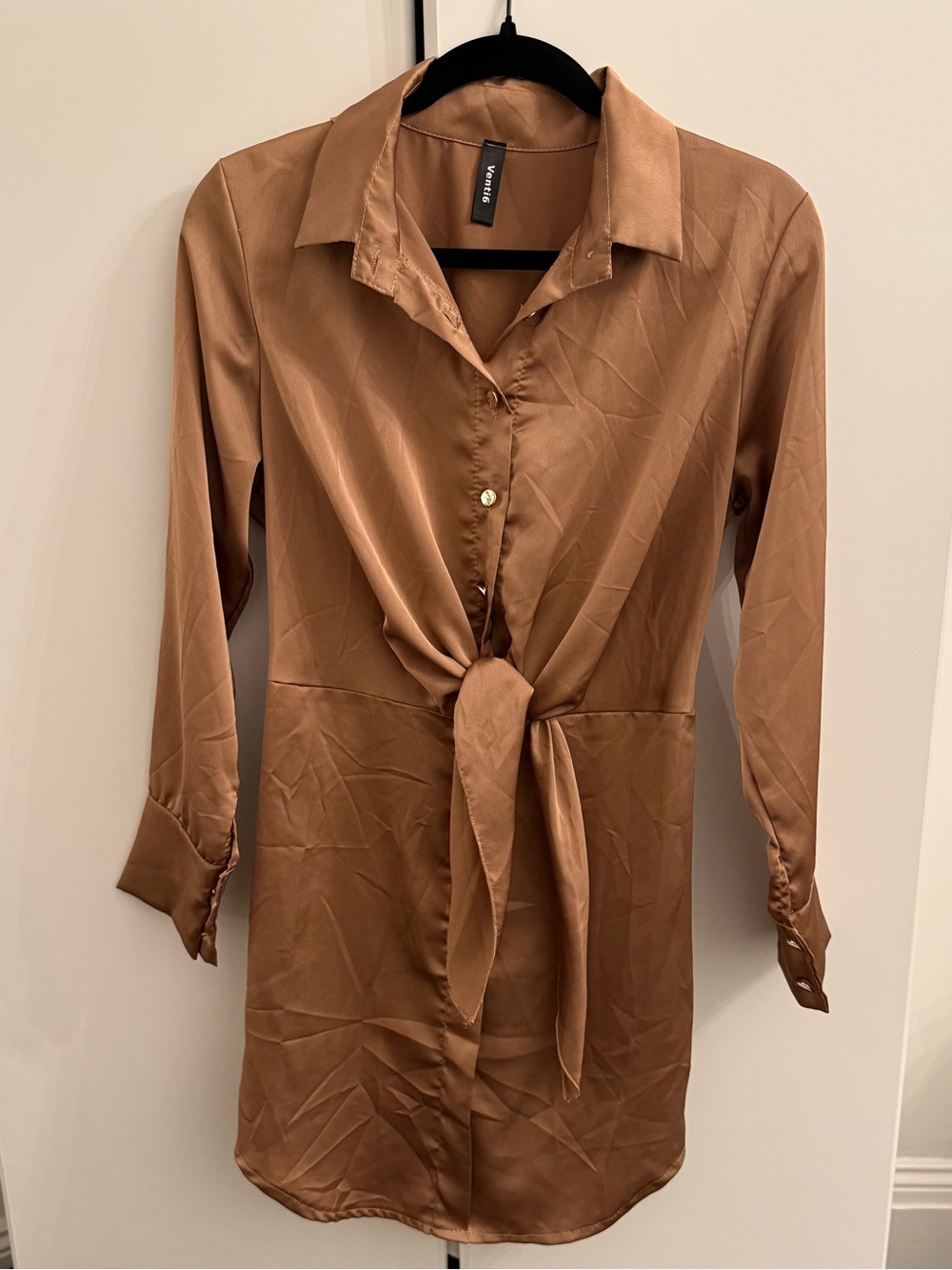 Caramel Satin Tie-Front Shirt Dress with Gold Buttons